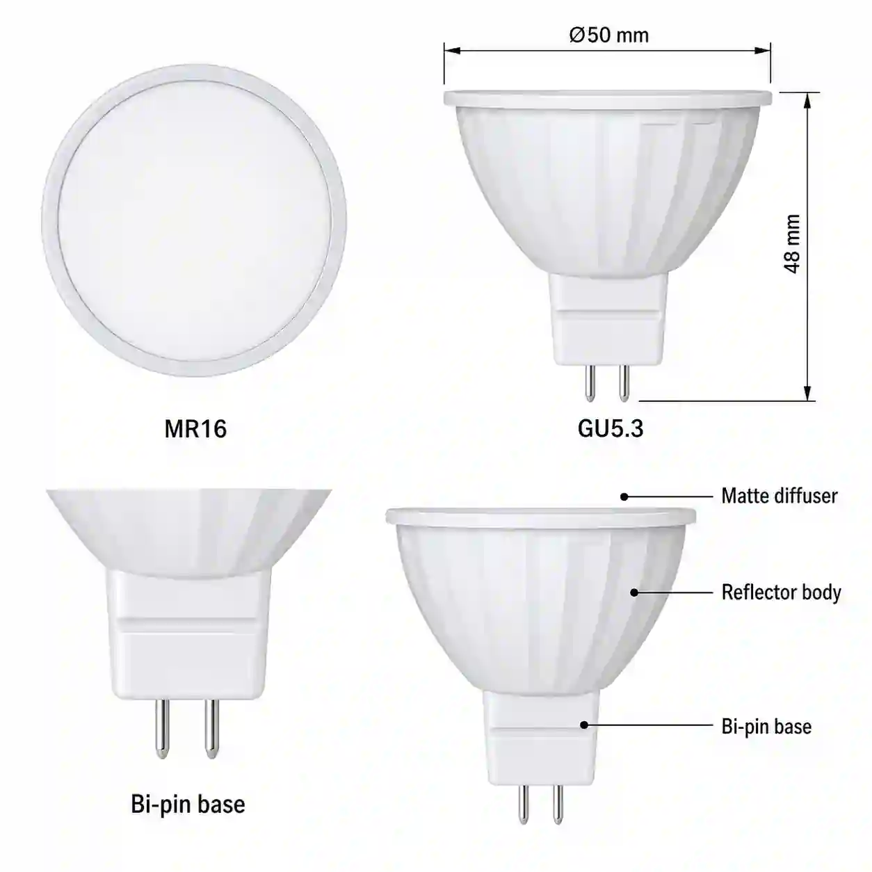 Detail žárovky MR16 s okótovaným průměrem 50 mm a výškou 48 mm